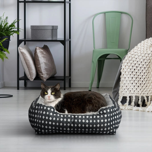Vibrant Life Dog & Cat Bed, Plush Cuddler, Portable, Black & White Diamonds, 19" × 15"
