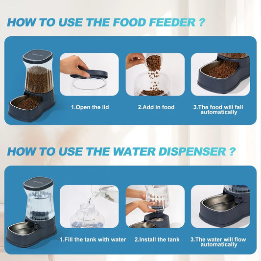 Nomipaw 2Pcs Cat&Dog Feeder & Waterer - Automatic Gravity Feeding - 1 Gallon Each Feeder - Black Gray